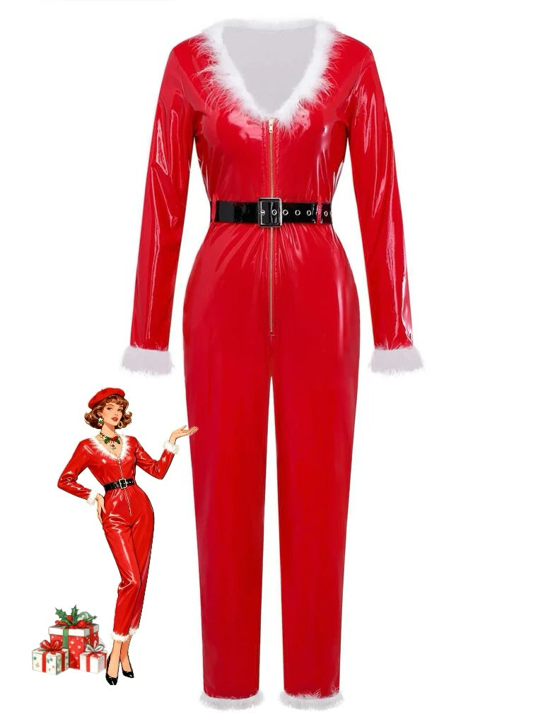 1970s Christmas Santa Claus Costume Latex Jumpsuit