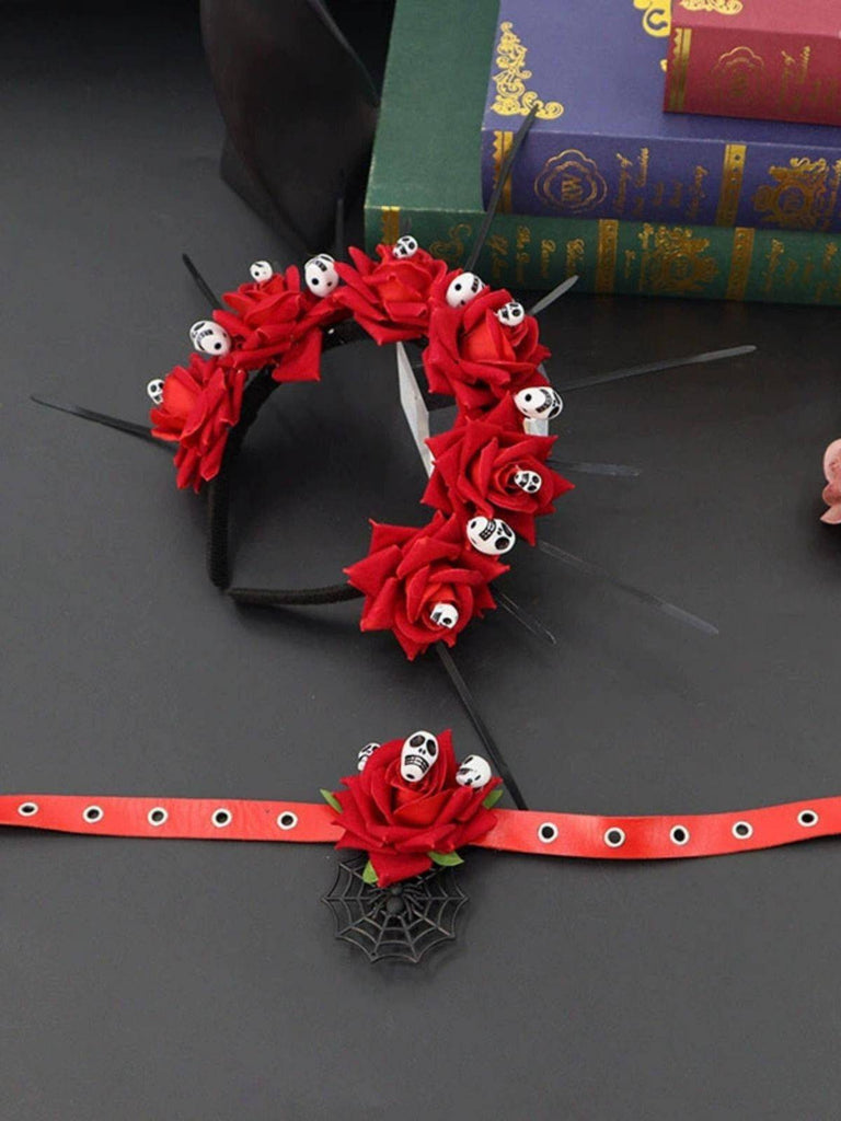 Gothic Skull Rose Halloween Headband & Necklace