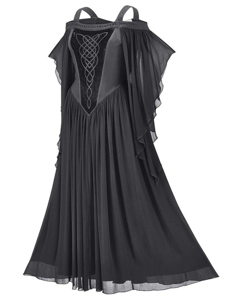 1950s Solid Velvet Mesh Cold Shoulder Dress