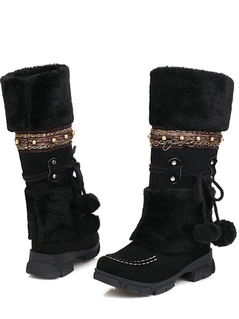 Vintage Faux Fur Pom-Pom Winter Snow Boots
