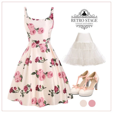 Pink 1950s Rose Floral Swing Dress