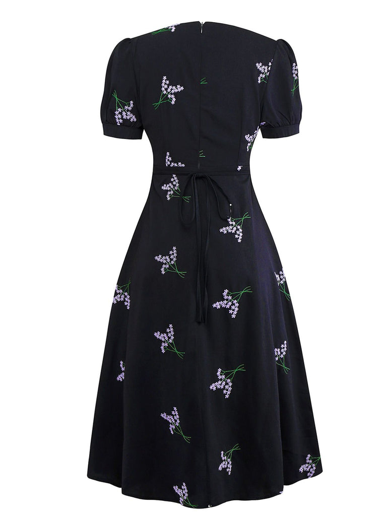 Black 1940s Purple Floral Embroidered V-Neck Dress