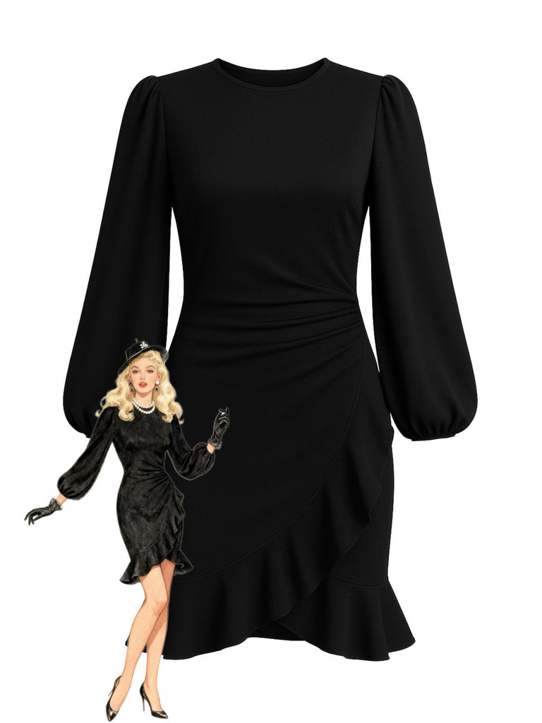 [Pre-Sale] Black 1960s Solid Puff-Sleeve Ruffled Dress