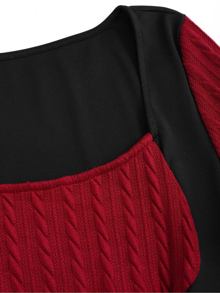 [Plus Size] Wine Red 1950s Colorblock Knit Patchwork Dress