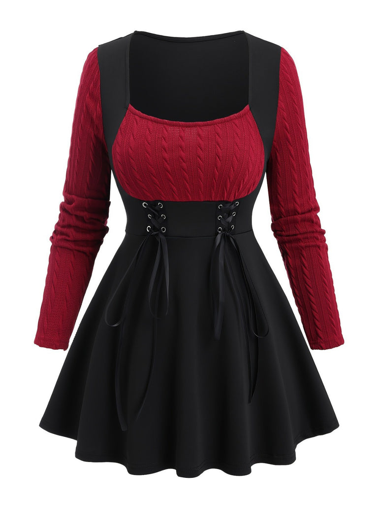 [Plus Size] Wine Red 1950s Colorblock Knit Patchwork Dress