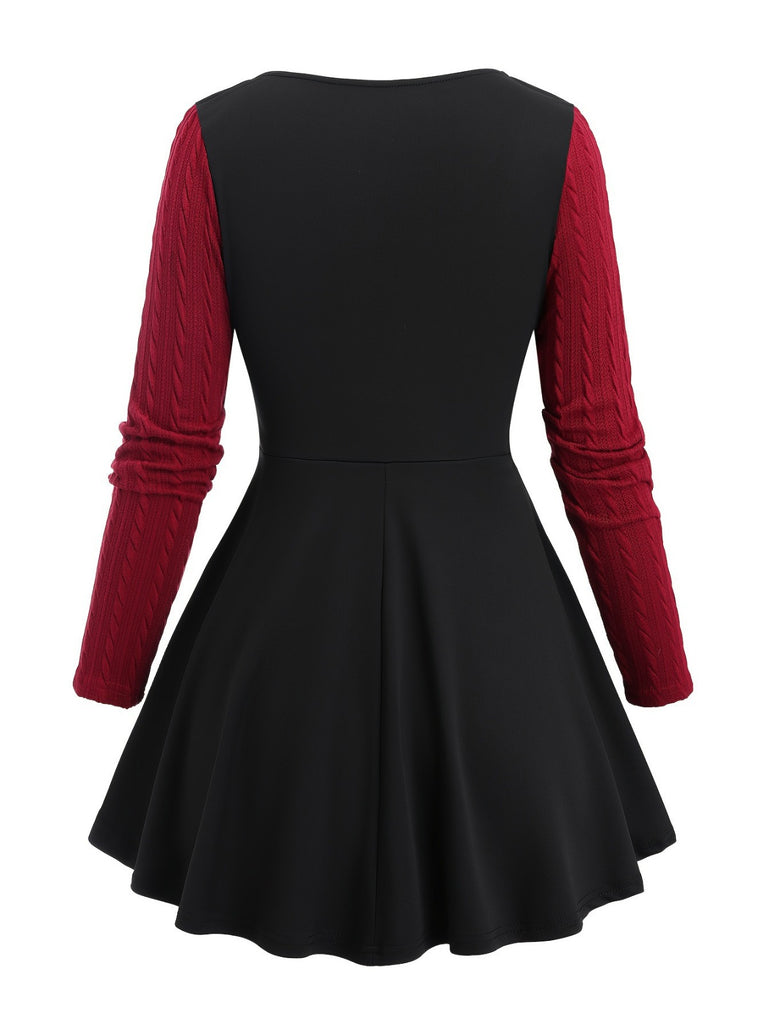 [Plus Size] Wine Red 1950s Colorblock Knit Patchwork Dress