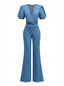 Blue 1970s Denim Puff Sleeve Cut-out Jumpsuit
