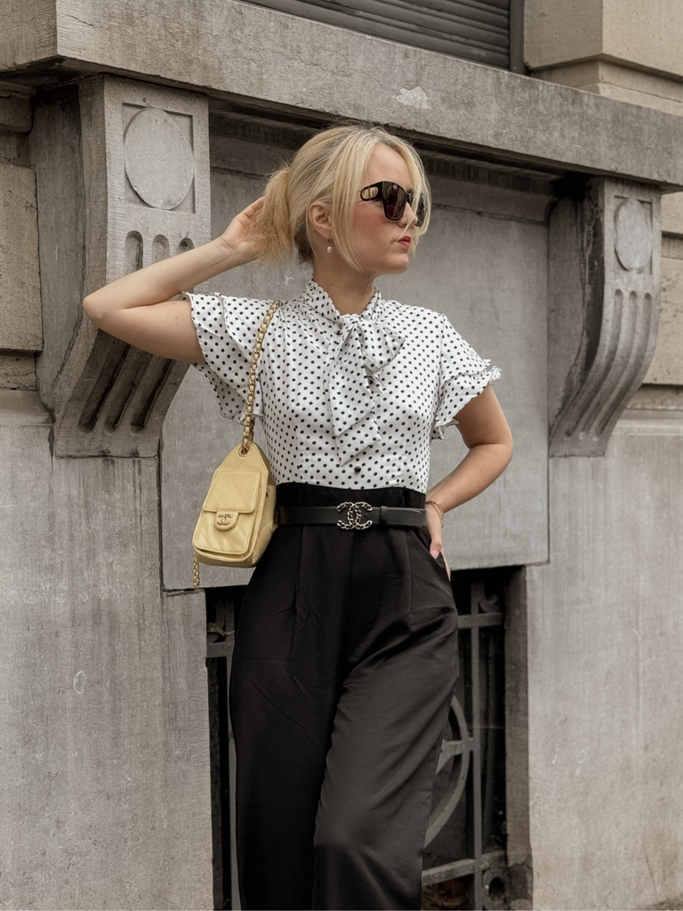 Black 1930s Polka Dots Tie-Neck Jumpsuit