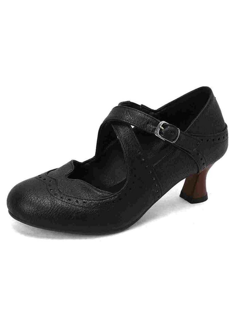 Cross-Strap Perforated Mary Jane Heels