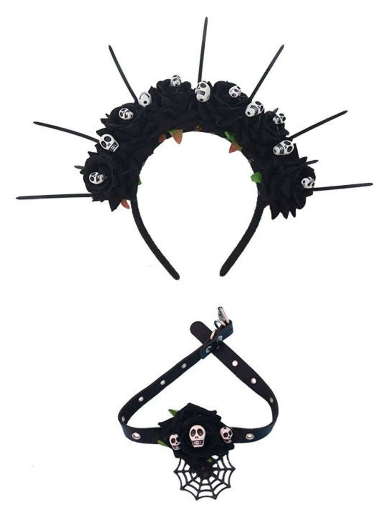 Gothic Skull Rose Halloween Headband & Necklace