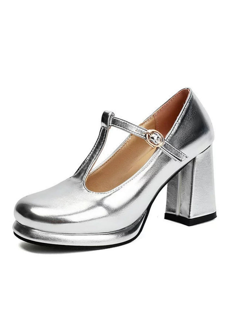Metallic Square Toe Block Buckle Heels