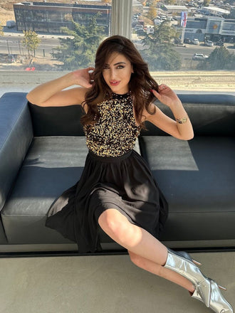 Black 1950s Gold Glitter Patchwork Dress