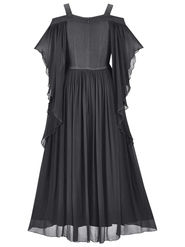 1950s Solid Velvet Mesh Cold Shoulder Dress