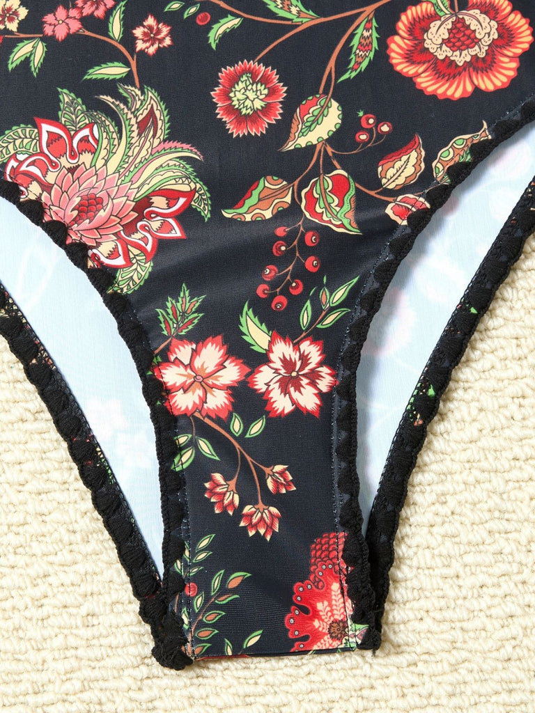 2PCS 1960s Deep V-Neck Fringe Swimsuit & Cover-Up