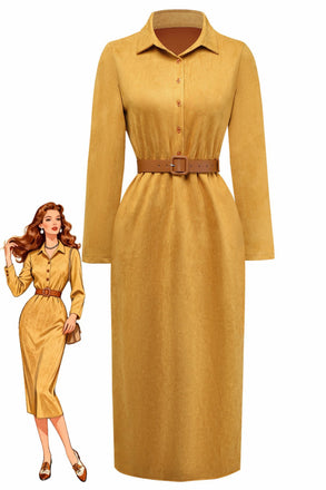 1930s Suede Button-Front Belted Shirt Dress
