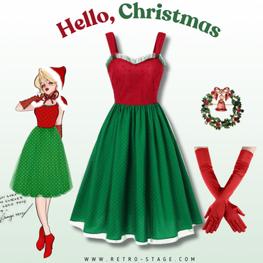 Red & Green 1950s Christmas Polka Dots Dress