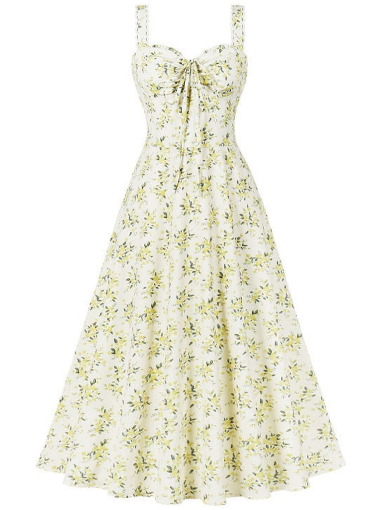 1940s Floral Lace-Up Wide Strap Dress