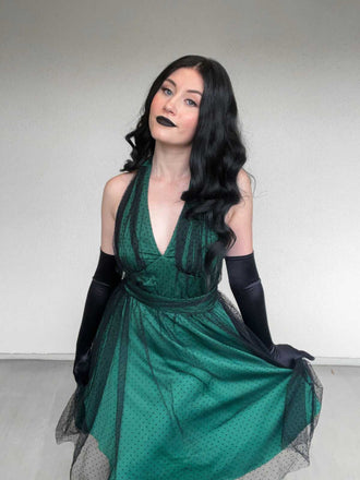 Green 1950s Christmas Halter Polka Dots Mesh Dress