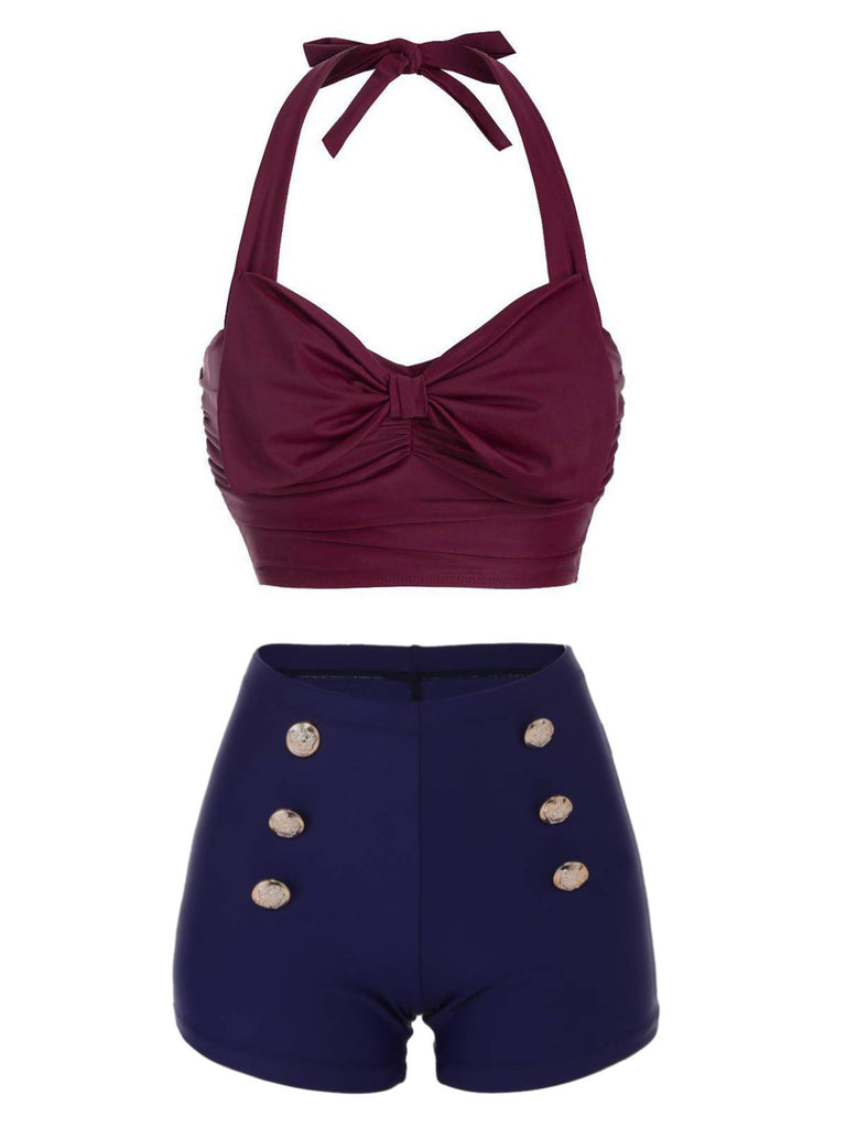 [US Warehouse] 2PCS Wine Red Bow Halter Bikini Set