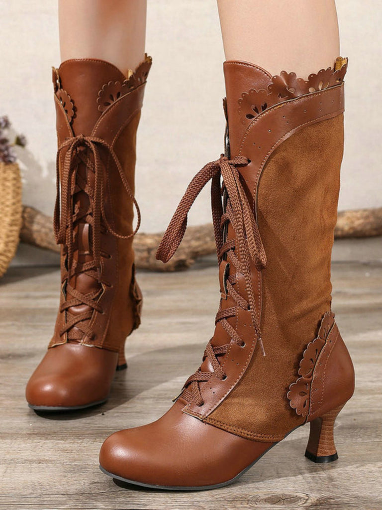 Vintage Lace-Up Solid Mid-Heel Brogue Ankle Boots