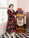Black 1940s Rose Lantern Sleeved Lace-Up Dress