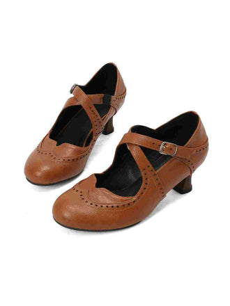 Cross-Strap Perforated Mary Jane Heels