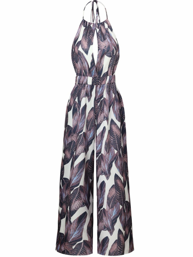 Purple 1970s Tropical Print V-Neck Wide Leg Jumpsuit