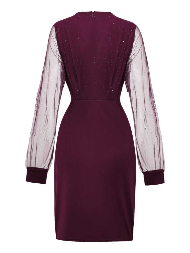 1960s Solid Glitter V-Neck Mesh Bodycon Dress