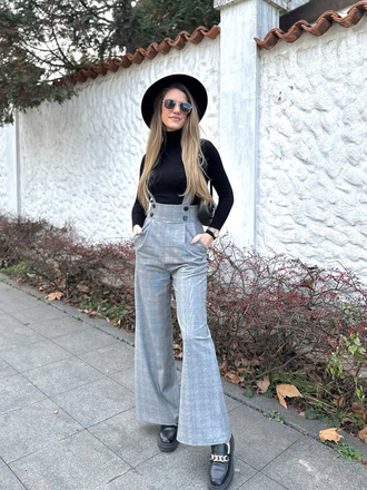 2PCS 1940s Satin Puff Sleeve Blouse & Glen Plaid Overall Pants