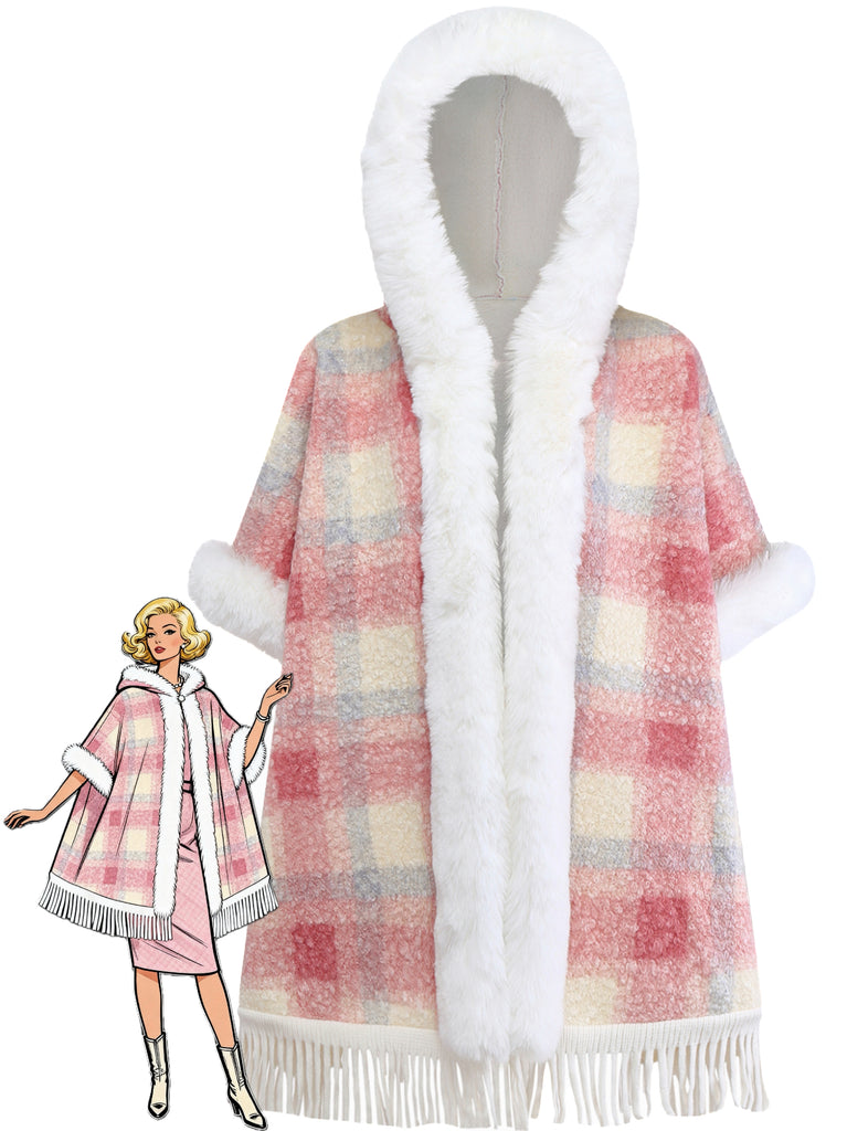 Pink 1930s Plaid Flannelette Fringed Hem Hooded Coat