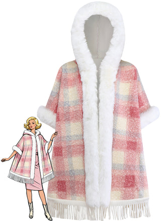 Pink 1930s Plaid Flannelette Fringed Hem Hooded Coat