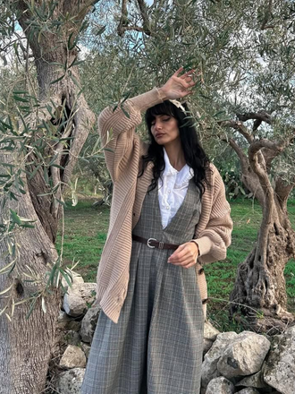 Grey 1940s Deep V-Neck Glen Plaid Dress