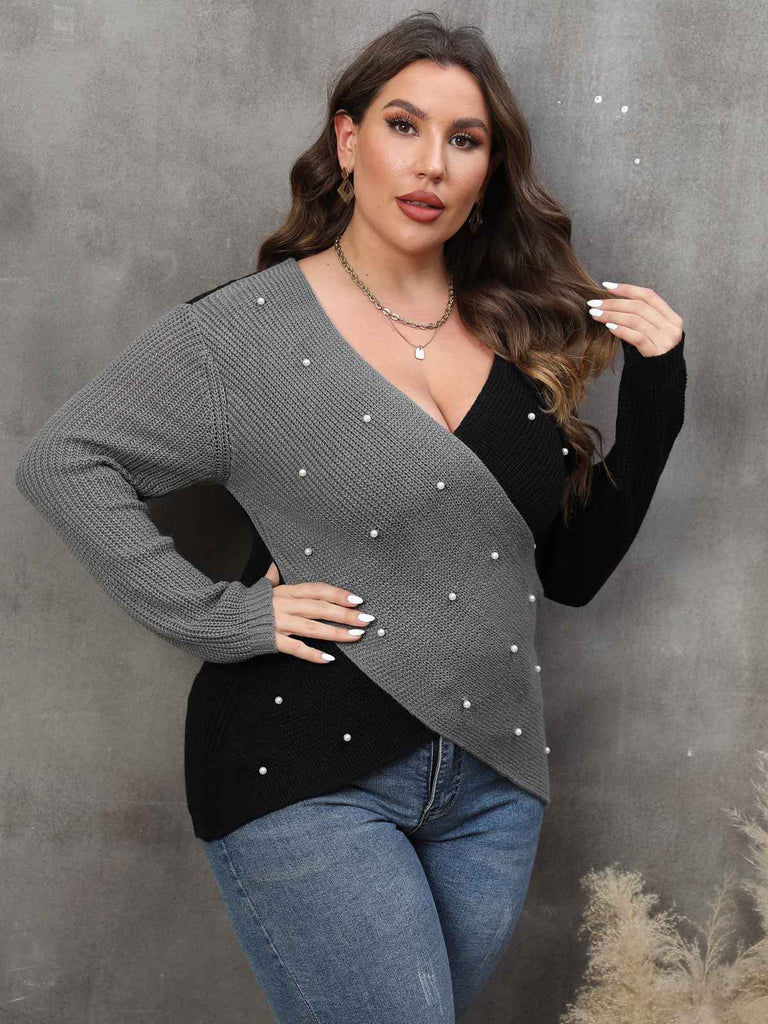 [Plus Size] 1960S V-Neck Cross Sweater With Pearl