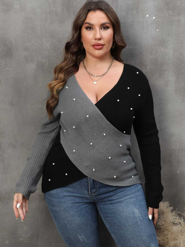 [Plus Size] 1960S V-Neck Cross Sweater With Pearl