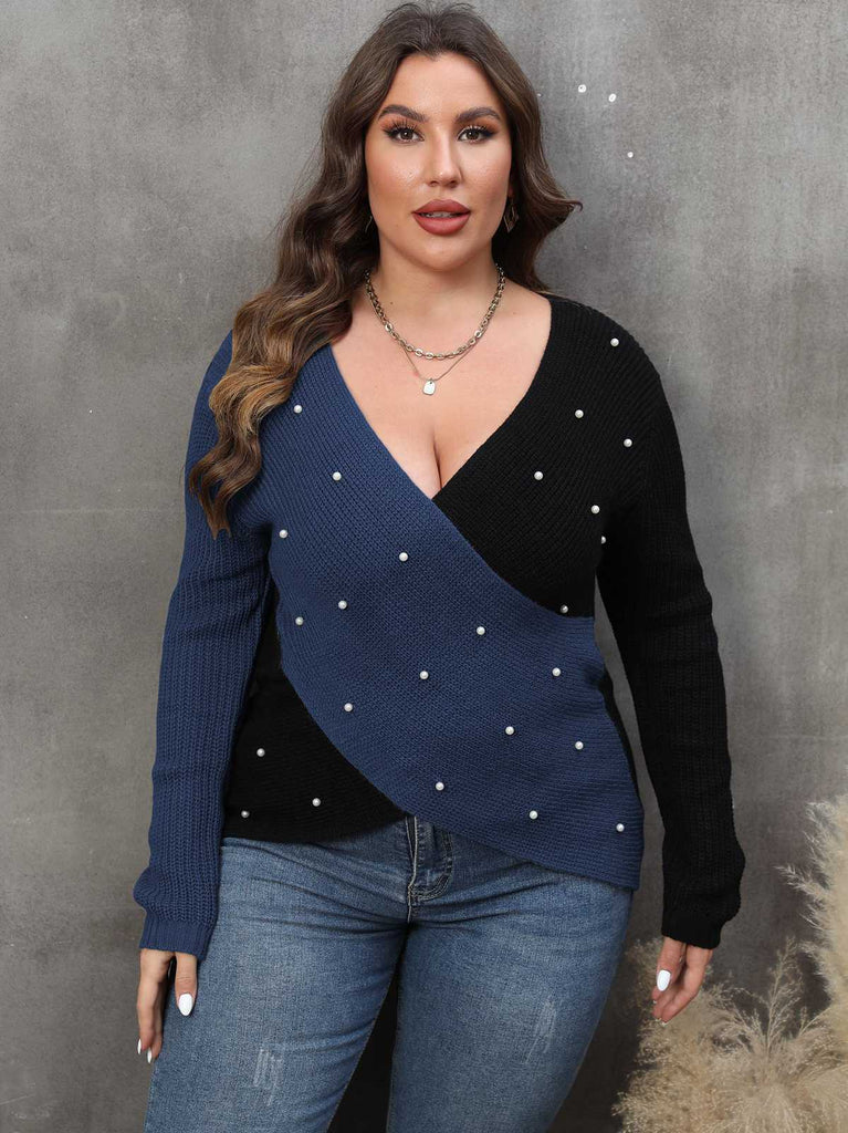 [Plus Size] 1960S V-Neck Cross Sweater With Pearl