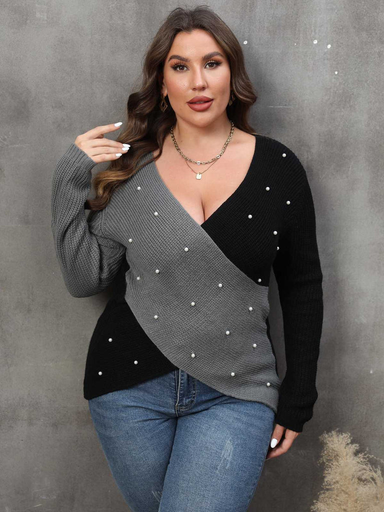 [Plus Size] 1960S V-Neck Cross Sweater With Pearl