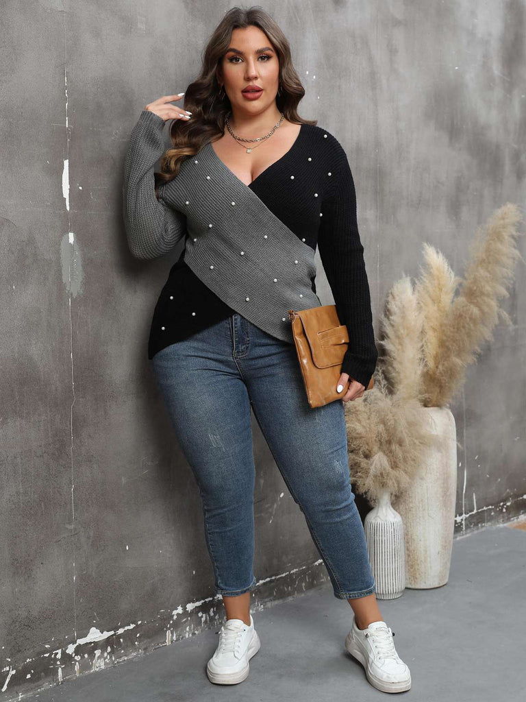[Plus Size] 1960S V-Neck Cross Sweater With Pearl