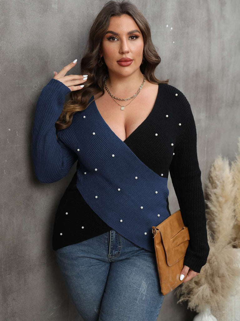 [Plus Size] 1960S V-Neck Cross Sweater With Pearl