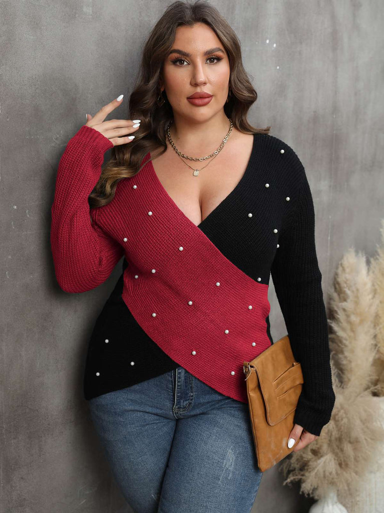 [Plus Size] 1960S V-Neck Cross Sweater With Pearl