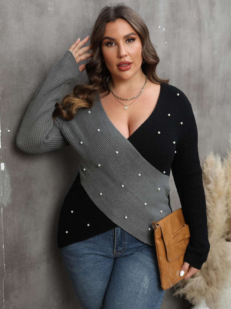 [Plus Size] 1960S V-Neck Cross Sweater With Pearl