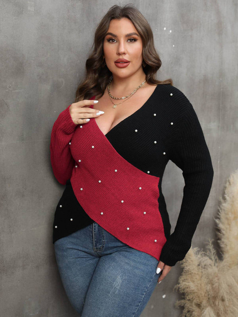 [Plus Size] 1960S V-Neck Cross Sweater With Pearl