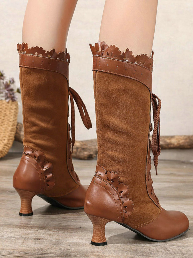 Vintage Lace-Up Solid Mid-Heel Brogue Ankle Boots