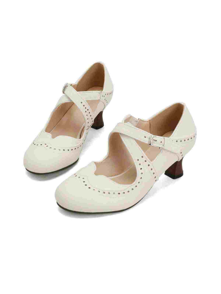 Cross-Strap Perforated Mary Jane Heels