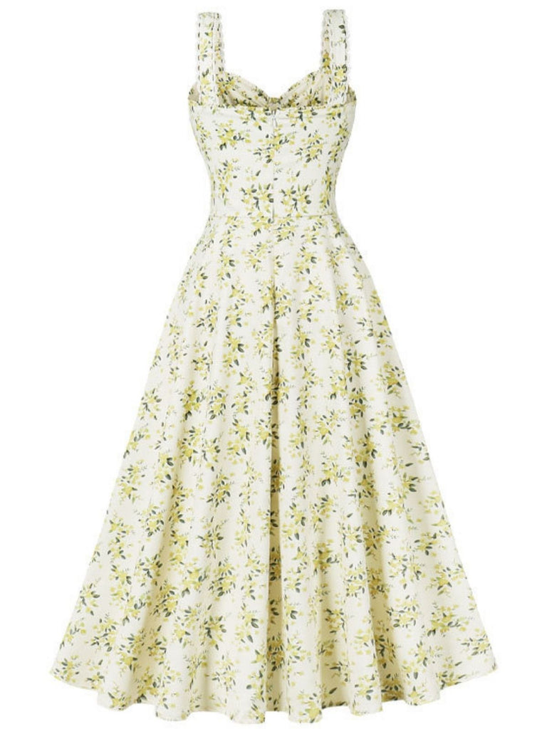 1940s Floral Lace-Up Wide Strap Dress
