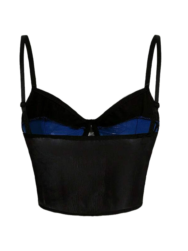 Dark Blue 1980s Punk Lace Patchwork Corset Top
