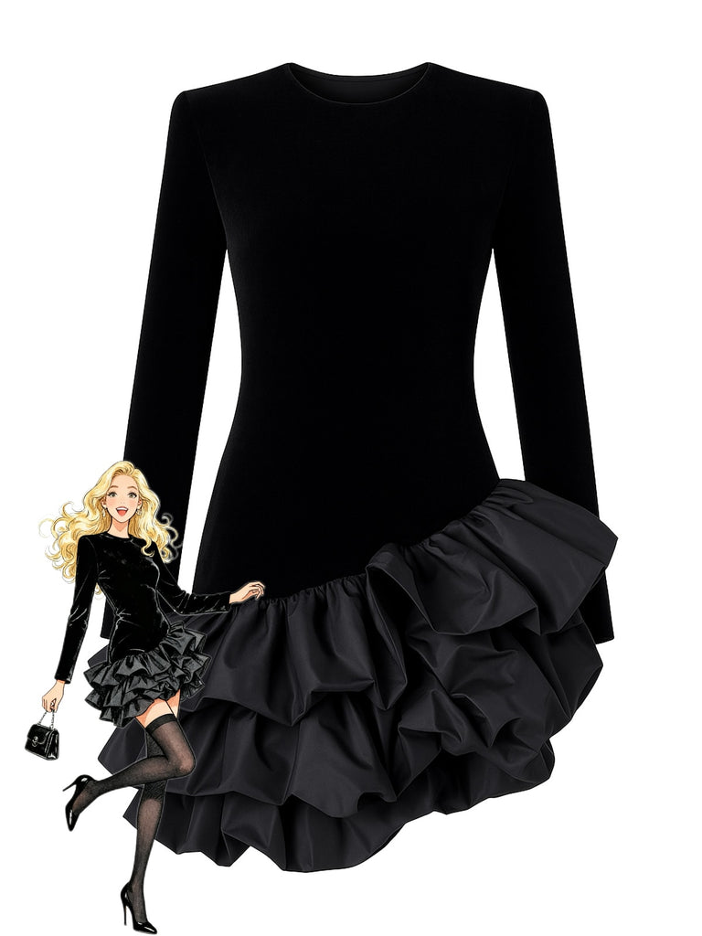 Black 1980s Asymmetric Layered Ruffle Hem Velvet Dress
