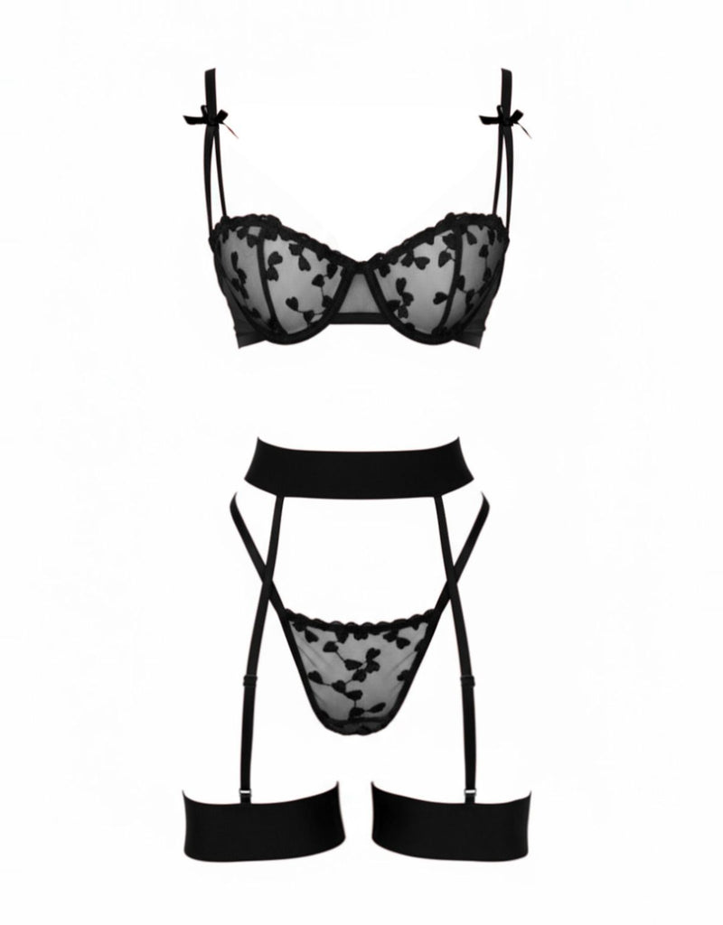 3PCS 1980s Lace Bow Detail Lingerie Set