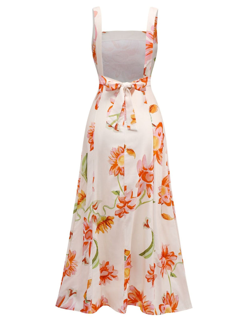 1940s Floral Backless Wide Strap Dress