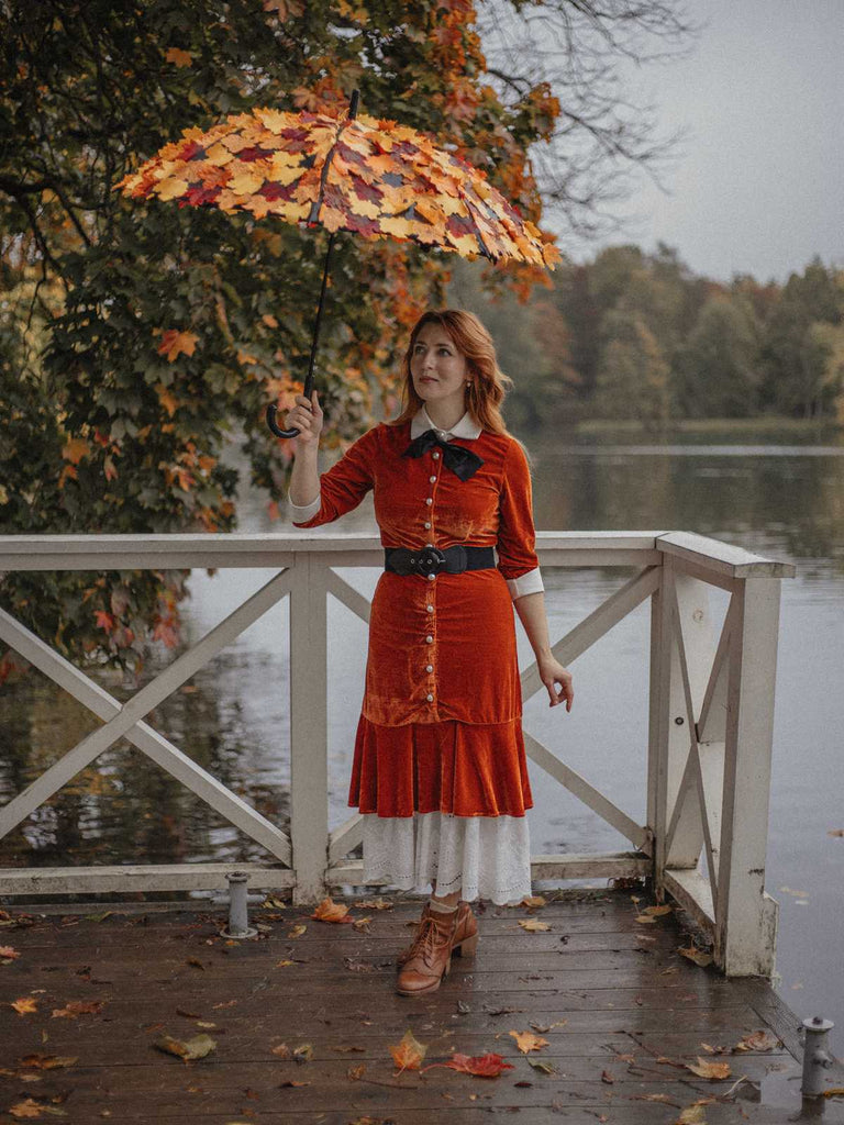 Orange 1930s Belted Velvet Work Dress