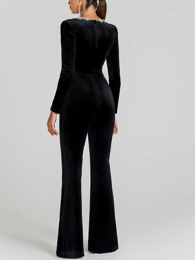 1960s Velvet Floral Diamond Square Neck Jumpsuit